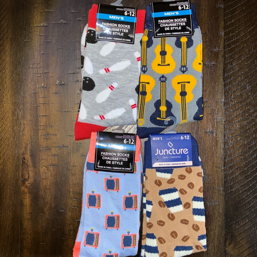 Lot of 4 Novelty Crew Socks Size 6–12 Brand New Coffee Guitar Bowling TV Designs